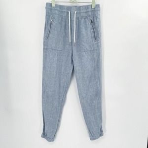 Athleta Cabo Linen Chambray Jogger Pants Sz 2 Blue Drawstring Zip Pocket Tapered